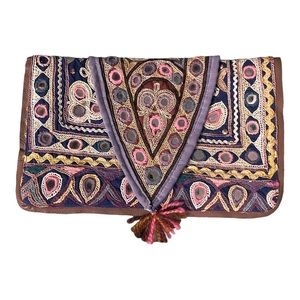Robert Freymann Boho Mirrored Purple Embroidered Clutch Bag with Pom‎ Pom
Detail